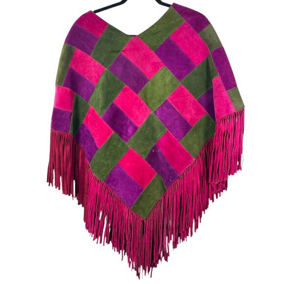 Victor Vintage 1960s Boho Hippie Leather Pink Purple Fringe Poncho One Size - Picture 1 of 6